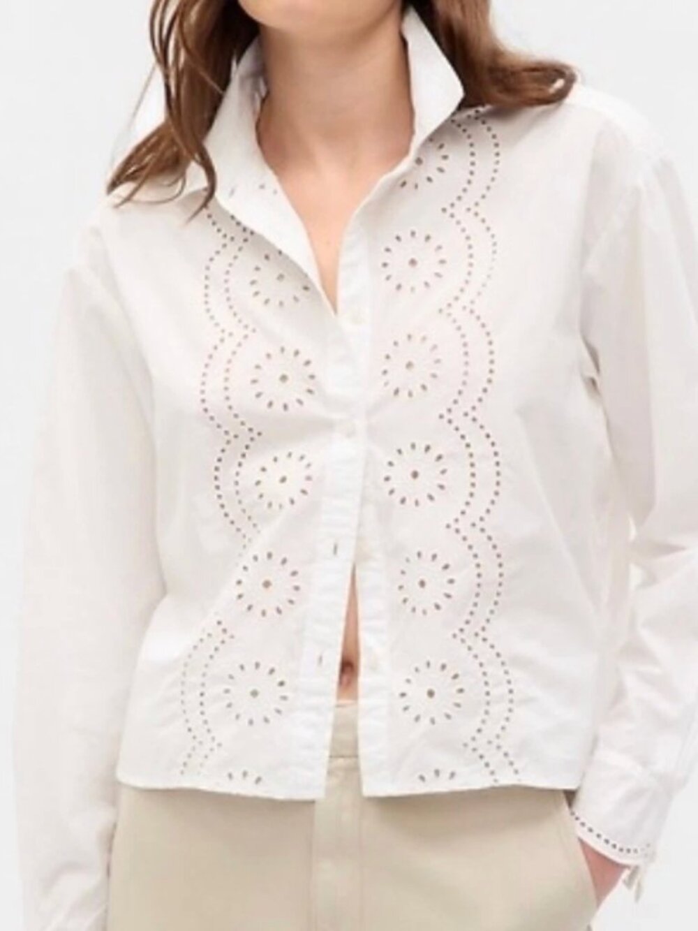 GAP White Eyelet Cropped Shirt Blouse Cotton Size Medium